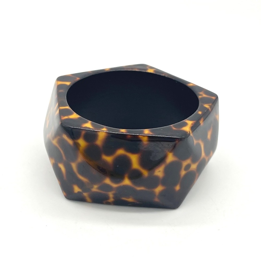Vintage Faux Tortoise Shell Hexagon Bangle Bracelet Chunky Geometric Brown